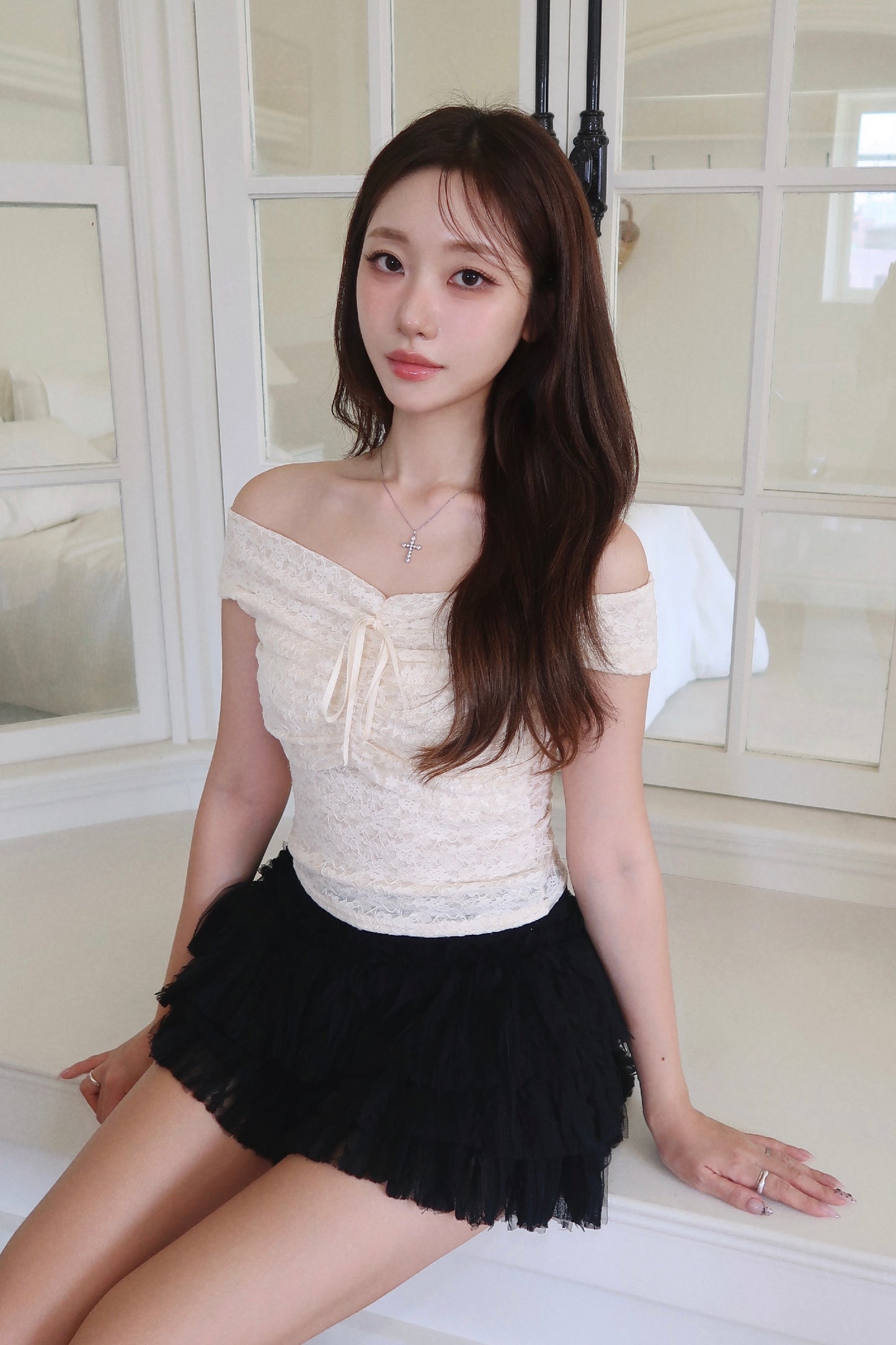 Rose Off-Shoulder + Lace Tiered Skort