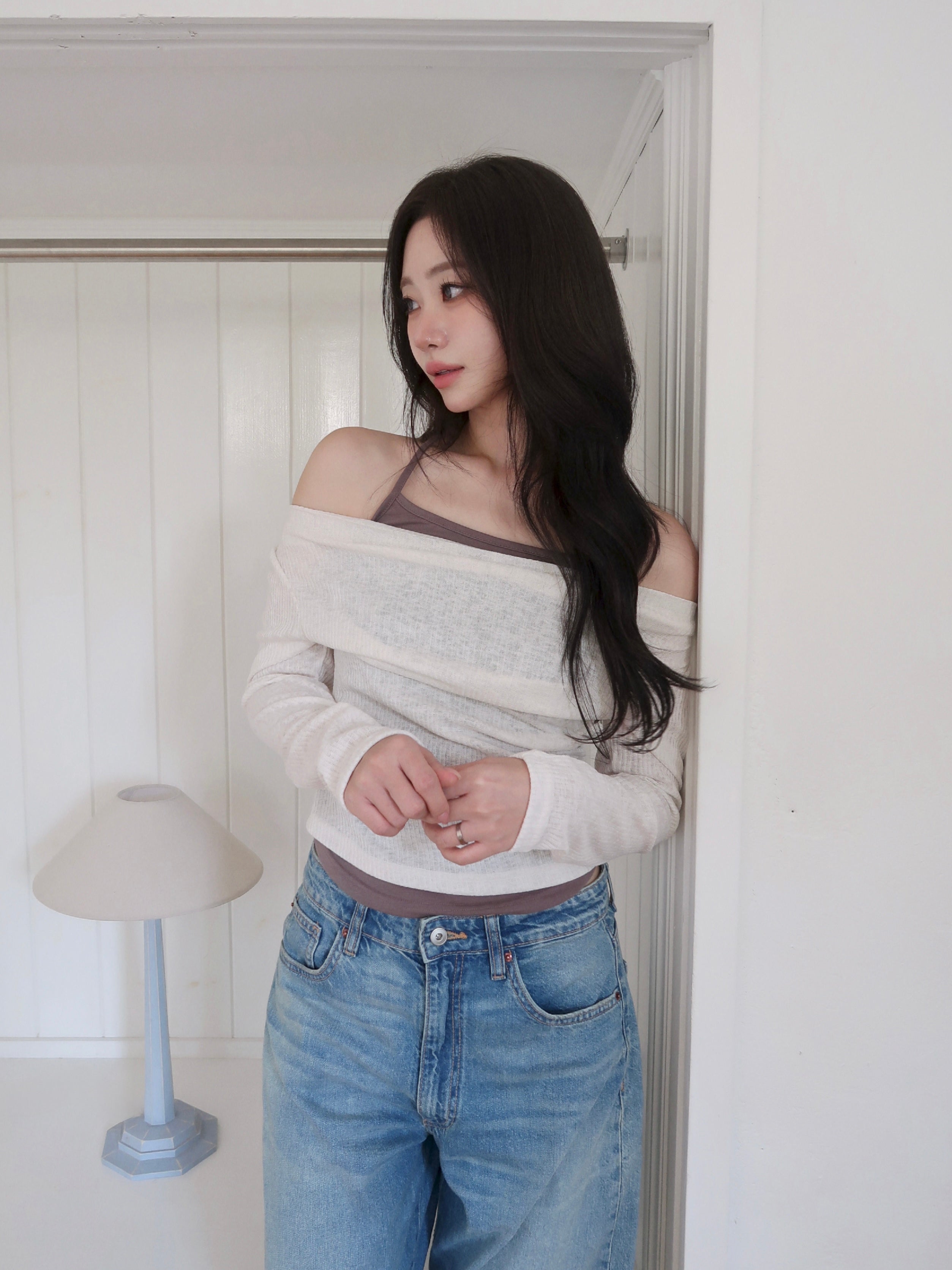Off Shoulder Set — Ivory Knit Top + Inner Camisole – Mije Seoul