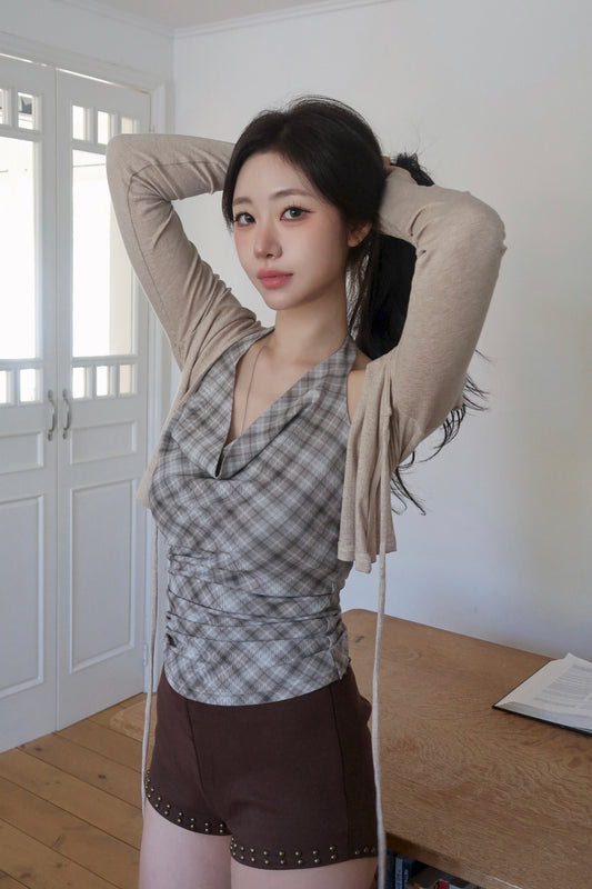 Plaid Halter Cardigan Set (BR)
