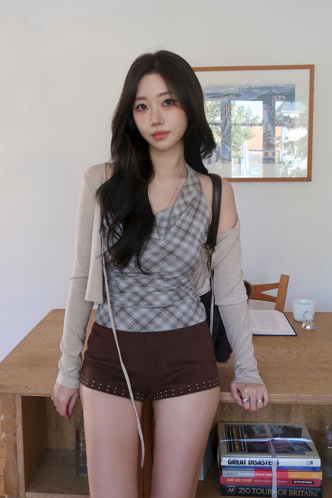 Plaid Halter Cardigan Set (BR)