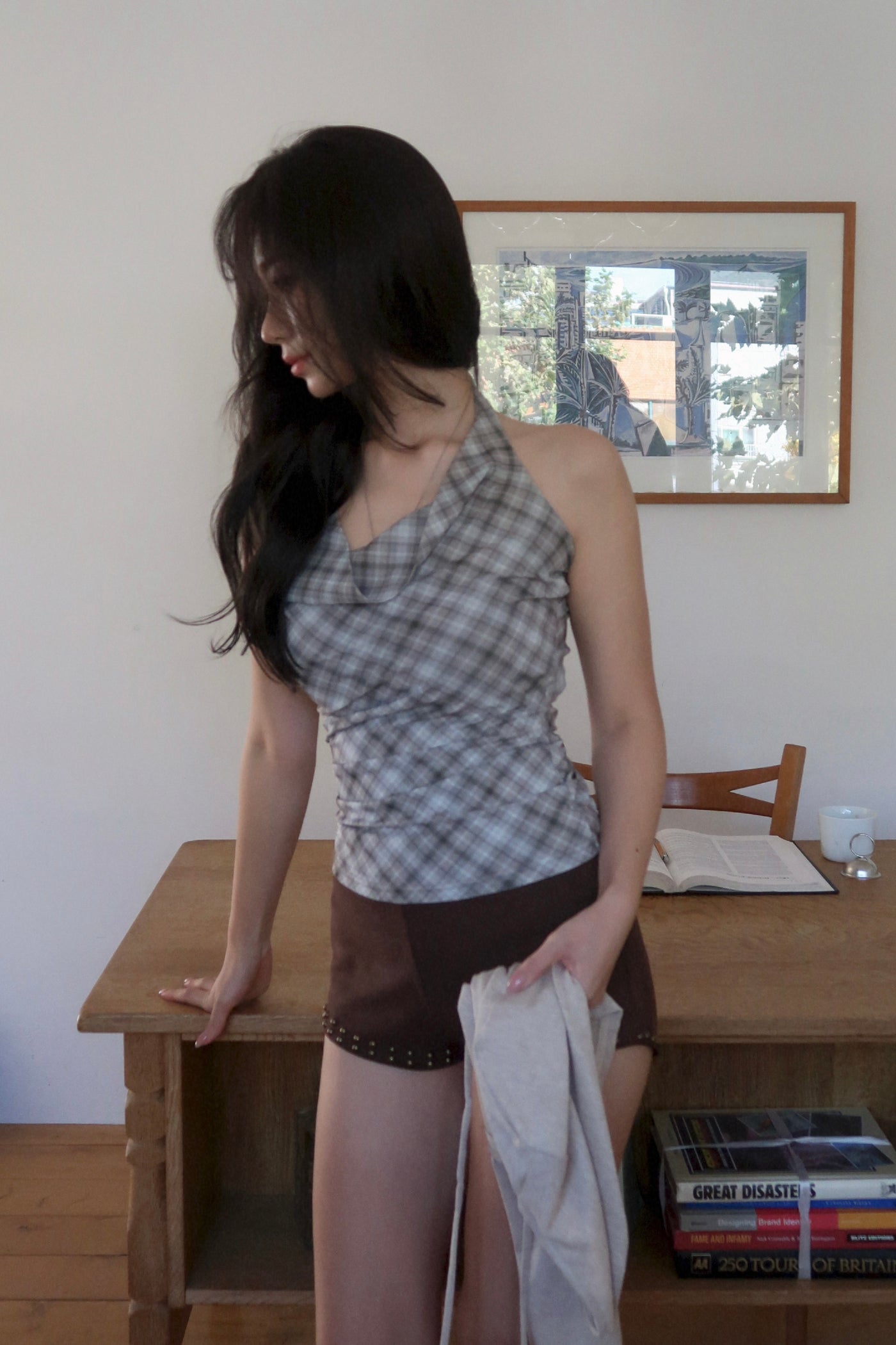 Plaid Halter Cardigan Set (BR)