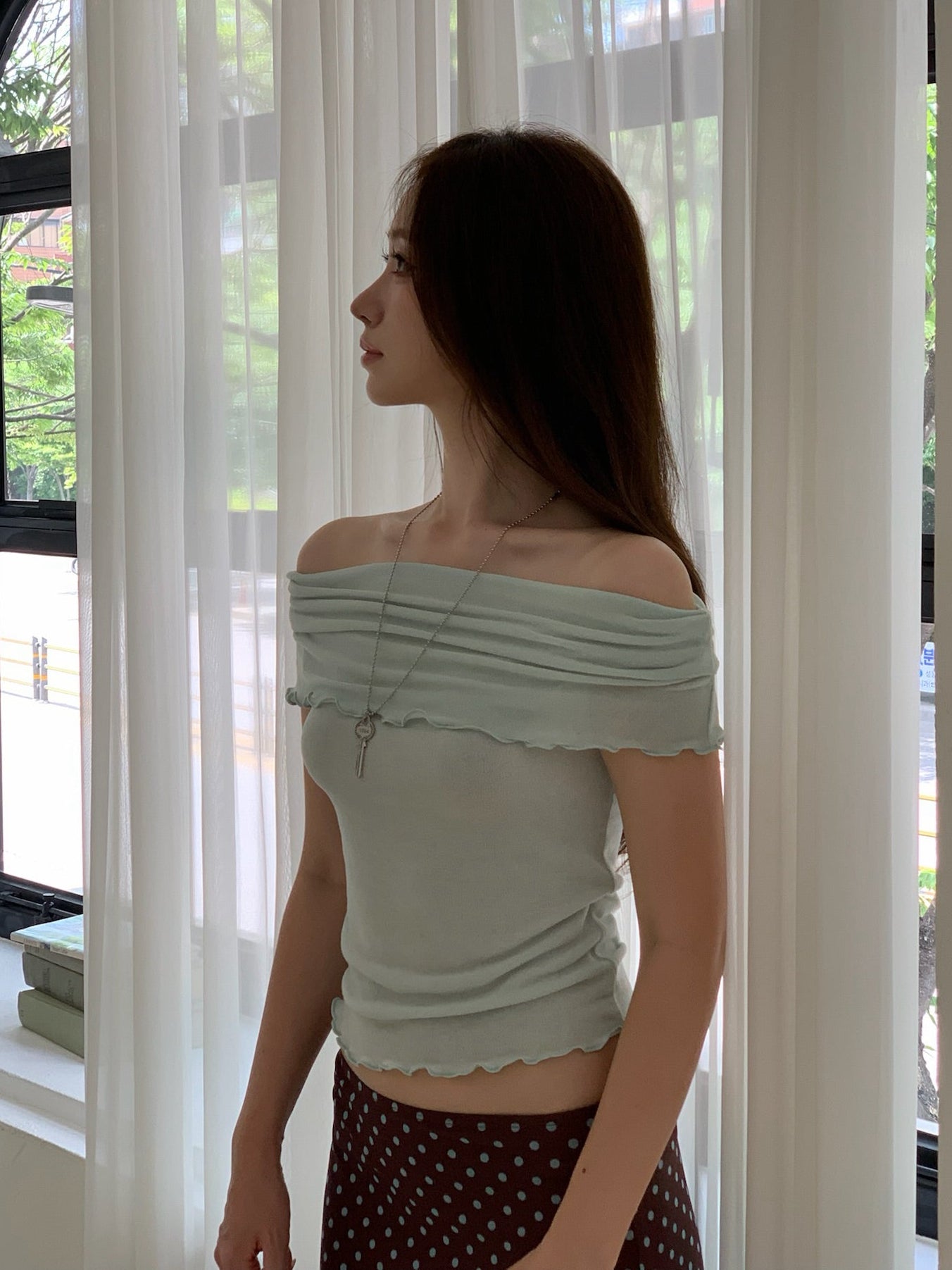 Mint Ruffle Off-Shoulder