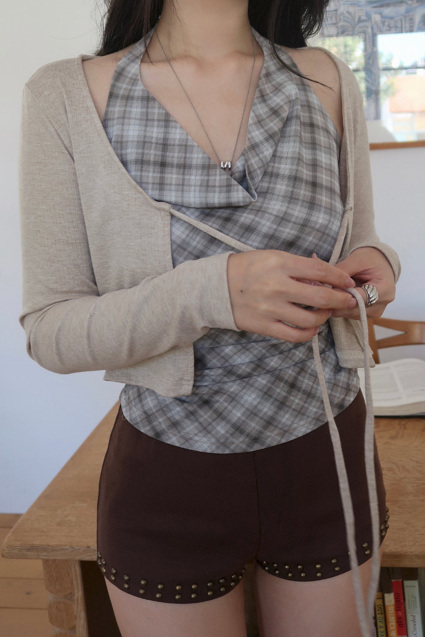 Plaid Halter Cardigan Set (BR)