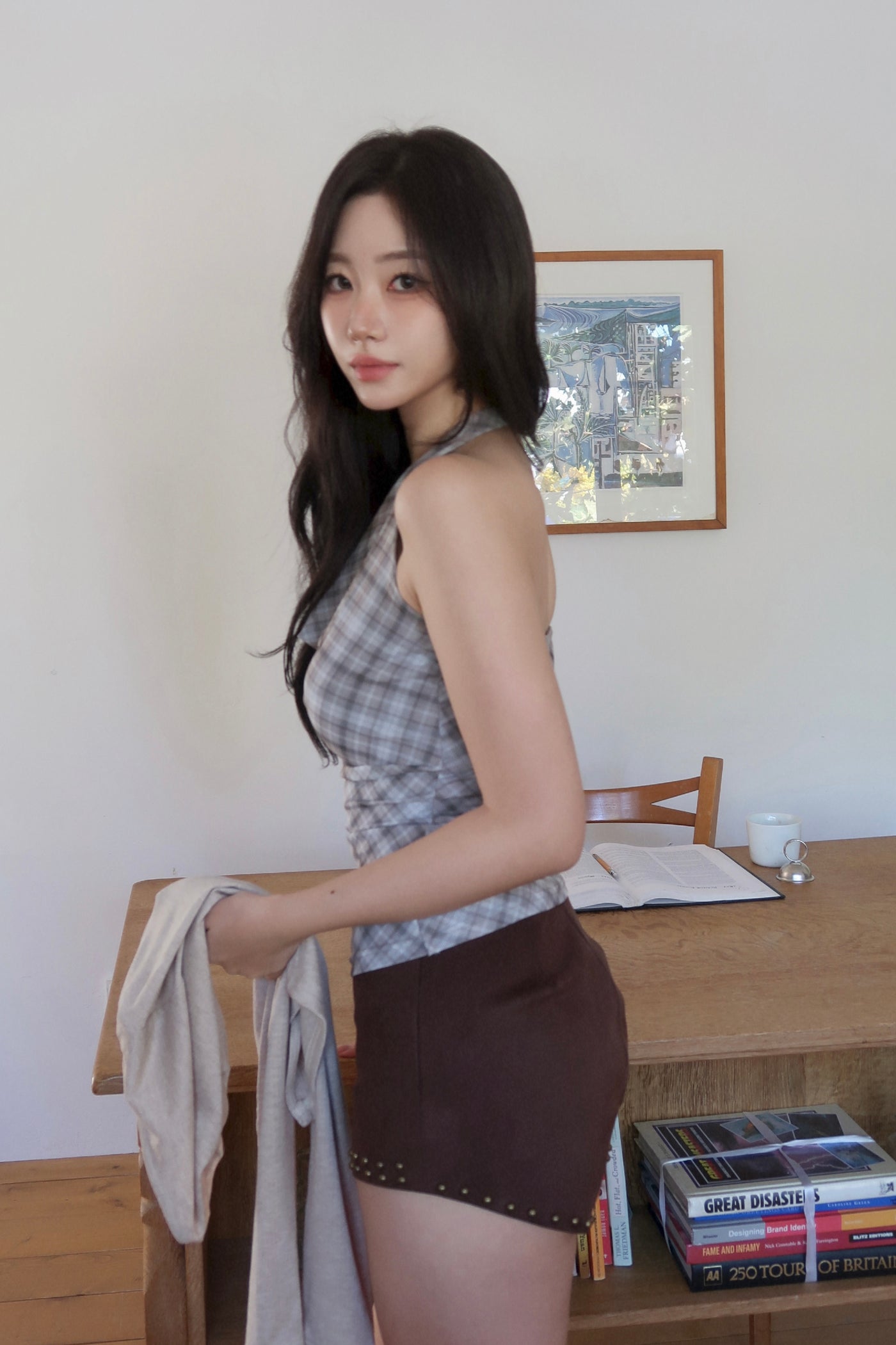 Plaid Halter Cardigan Set (BR)